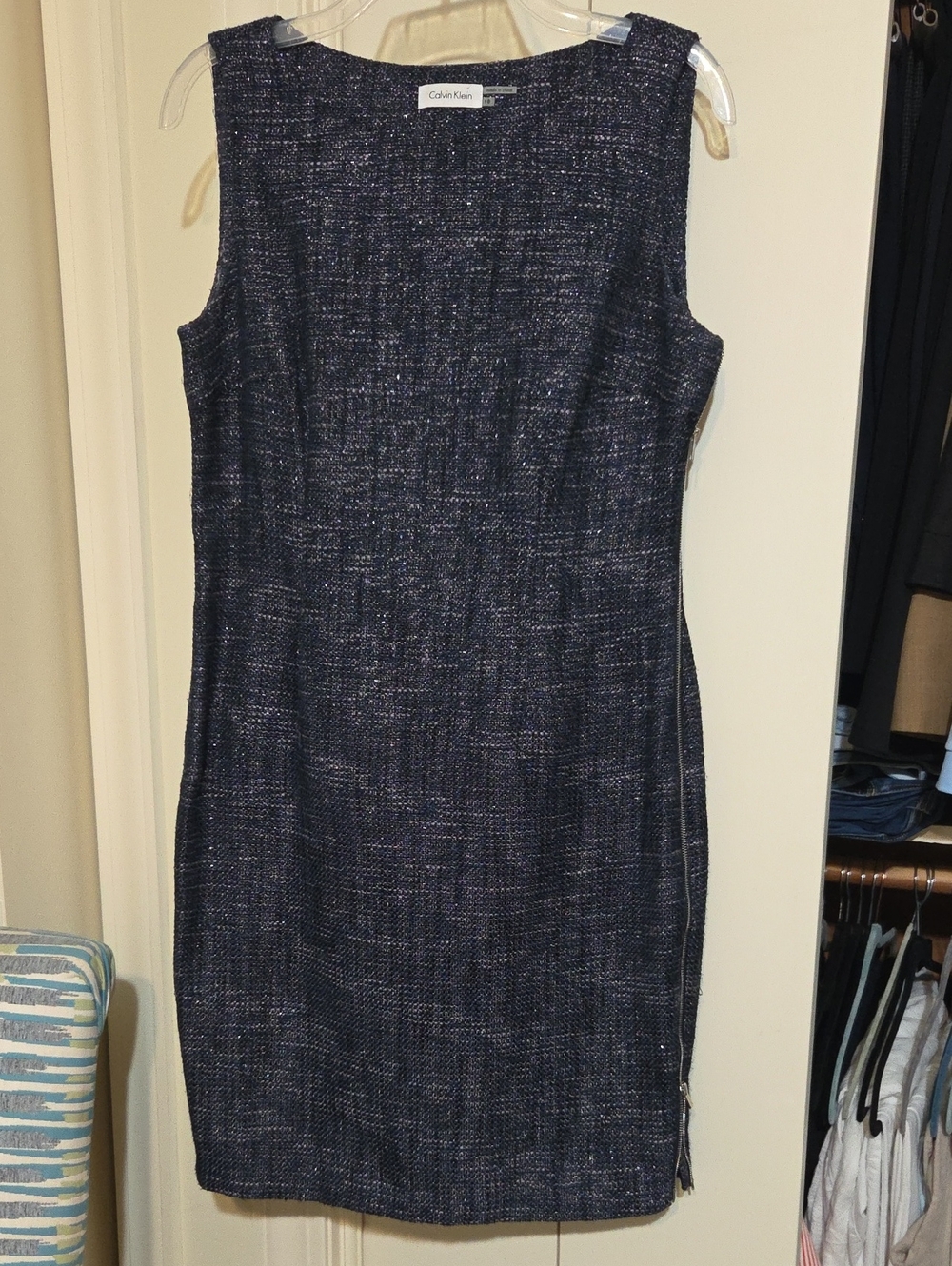 Calvin Klein Navy Tweed Sheath Mini Dress with Double Side Zip